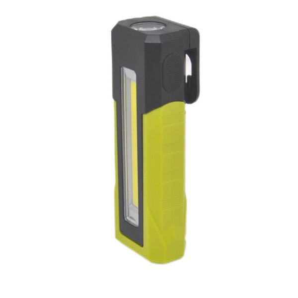 Bright yellow and black portable LED work light with adjustable brightness for construction and outdoor use.