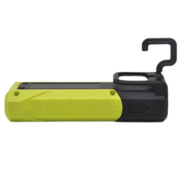 Rechargeable portable work light with magnetic base and adjustable hook, ideal for DIY, auto repair, and construction tasks. Outdoor weatherproof design with bright LED illumination.