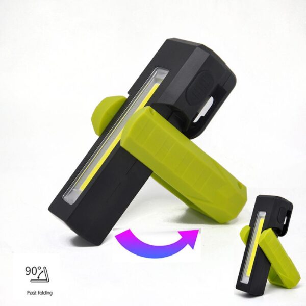 Flexible portable work light with foldable handle for easy storage and transport.