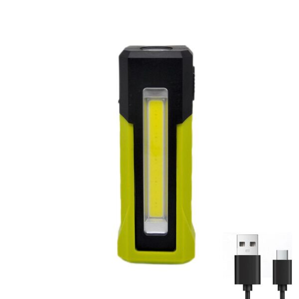 Rechargeable LED work light with adjustable brightness and USB charging port for outdoor camping, emergency, and worksite illumination.