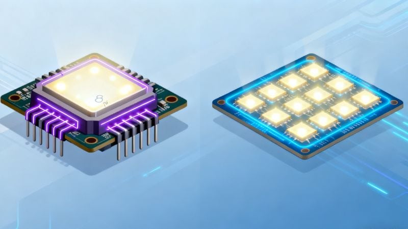 High-tech microchip with glowing circuits, innovative electronic component for advanced computing applications.