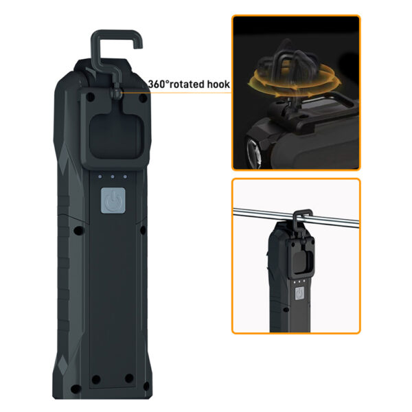 High-quality portable LED flashlight with 360-degree rotated hook for versatile outdoor lighting and camping use. Durable, rechargeable, and easy to carry with a built-in power button and adjustable hook.
