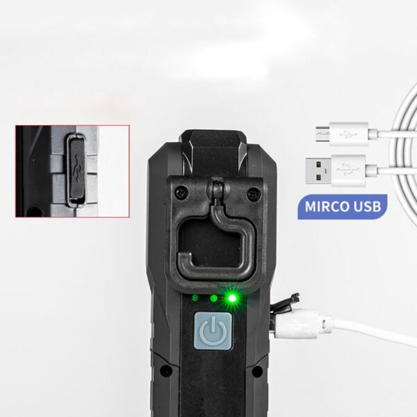 USB charging port detail for battery-powered device on M&F logo product, close-up shot.