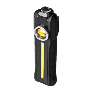 High-powered LED flashlight with rechargeable battery, durable black design, and adjustable focus for professional emergency and outdoor use.