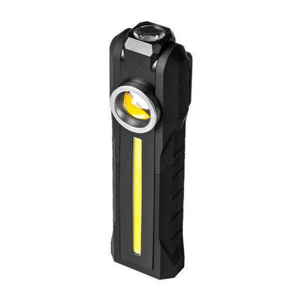 High-powered LED flashlight with rechargeable battery, durable black design, and adjustable focus for professional emergency and outdoor use.