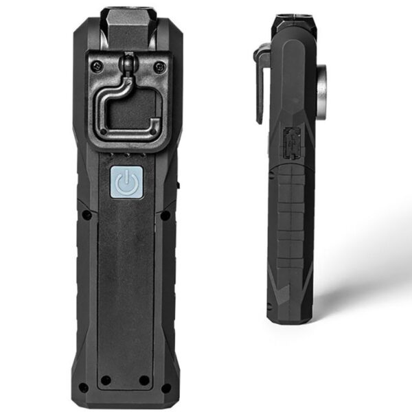 Compact black tactical flashlight with power button and sturdy design for outdoor, hunting, or security use.