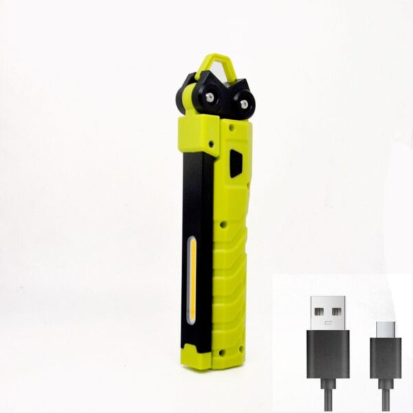 Rechargeable portable LED work light with integrated battery and USB charging cable for outdoor and emergency use.