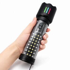 Hand holding the multi function flashlight to show its 215 mm body size and side lighting panel.