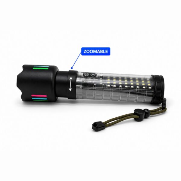 Upright rechargeable flashlight showing the white SMD side panel, control buttons and power indicator.