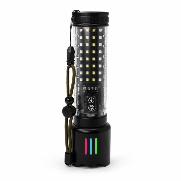 Side view of the zoomable flashlight showing the adjustable focus section and wrist lanyard.