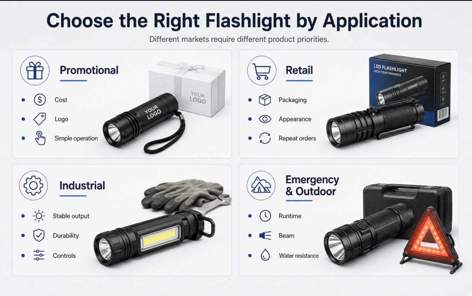LED flashlight selection for promotional retail industrial and outdoor applications