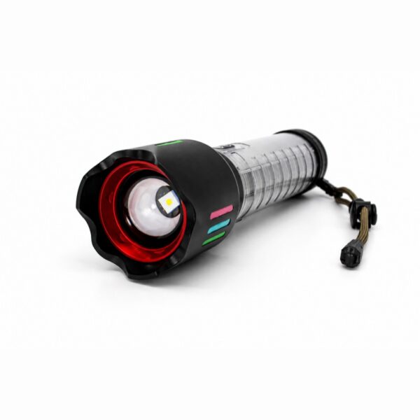 Close-up of the front LED and zoomable lens on the 655 lumen flashlight.