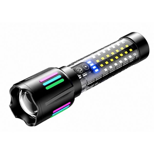 655 lumen multi function flashlight with zoomable front head and side SMD lighting panel.
