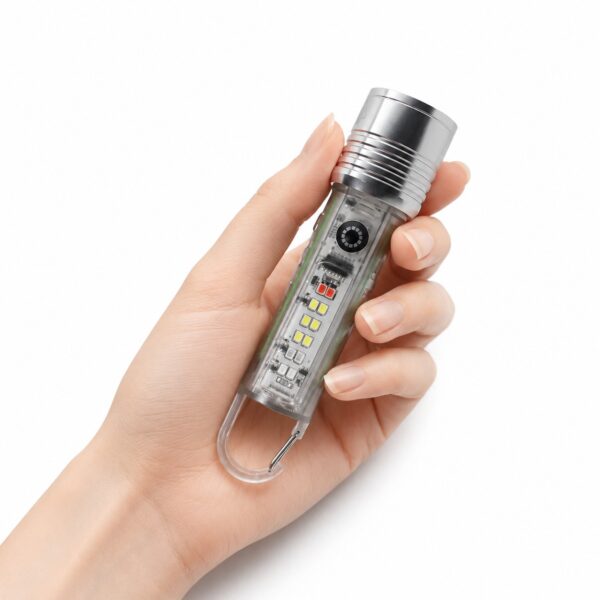Hand holding the compact carabiner flashlight to show its 140 mm body size.