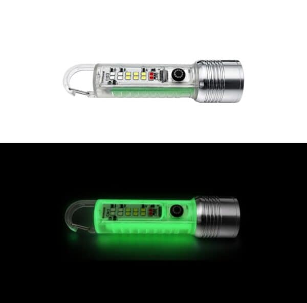 Glow-in-the-dark shell effect shown on the MF0849B rechargeable flashlight in light and dark conditions.