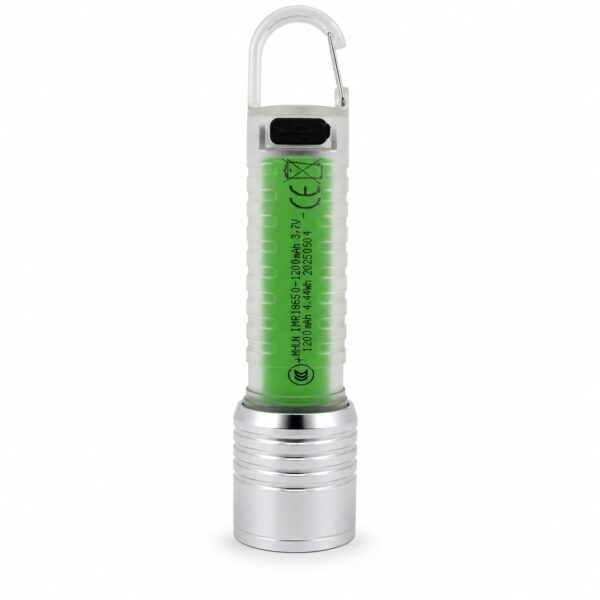 Rear view of the MF0849B flashlight showing the green fluorescent body section and carabiner hook.