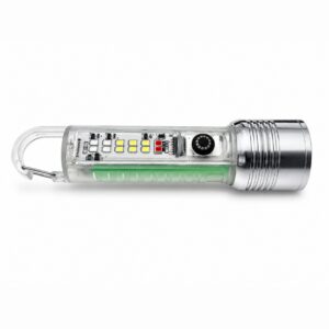 MF0849B 250 lumen glow in the dark flashlight with zoomable head and integrated carabiner.