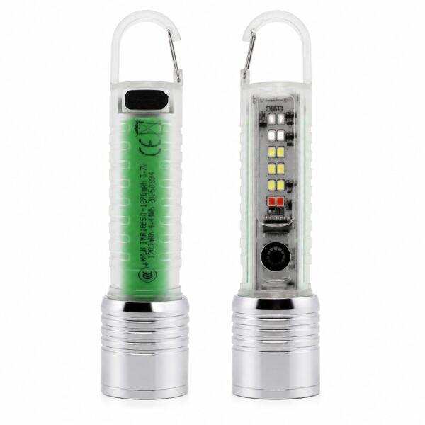 Glow-in-the-dark shell effect shown on the MF0849B rechargeable flashlight in light and dark conditions.