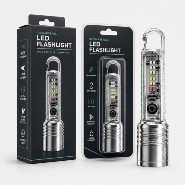 MF0849B rechargeable flashlight displayed with its retail packaging.