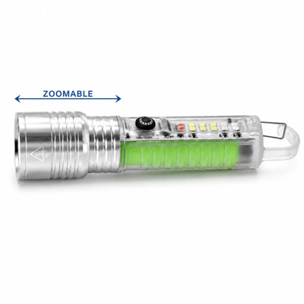 Zoomable front head on the compact rechargeable flashlight with fluorescent PC body.