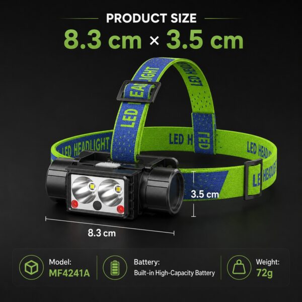 Dimensions and compact head-mounted design of the MF4241A rechargeable headlamp.