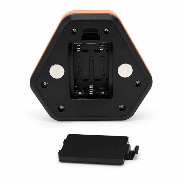 Rear of the MF8100B warning light with two mounting magnets and removable AAA battery cover.