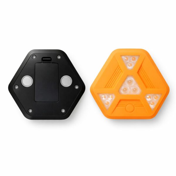 Front and rear views of the MF8100B warning light showing the LED layout, battery cover and dual magnets.