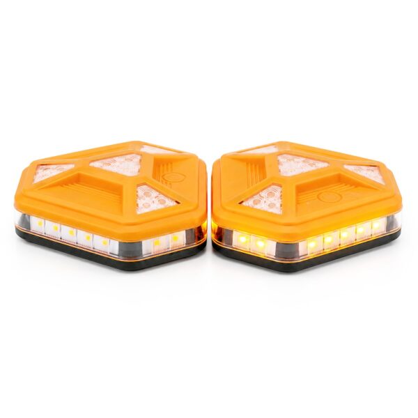 Two MF8100B battery powered yellow warning lights shown from front and side angles.