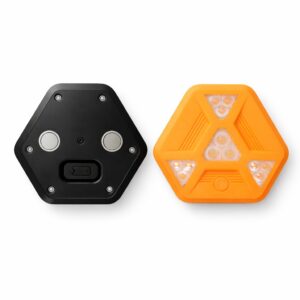 Front and rear views of the MF8100C warning light showing the LED layout, Type-C port and dual magnets.