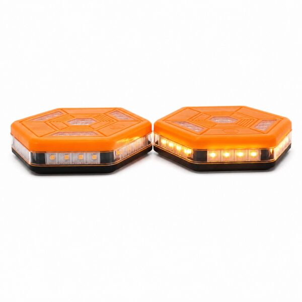 Two MF8101C yellow warning lights shown from front and side angles with one unit illuminated.