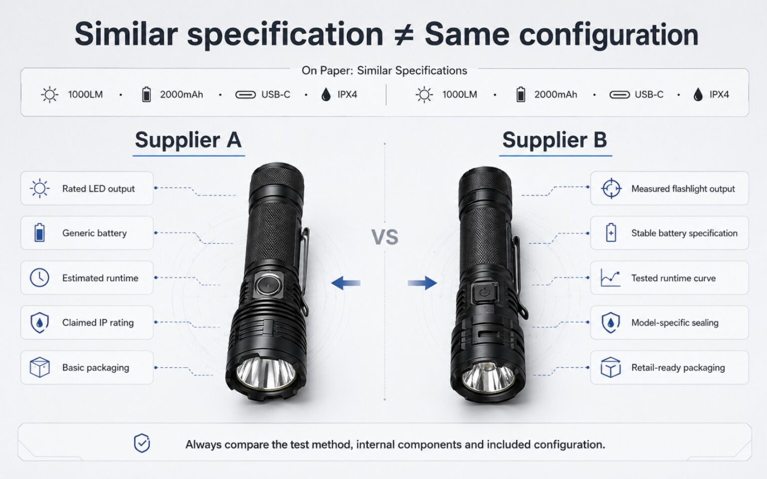 Comparison of similar flashlight specifications with different internal configurations