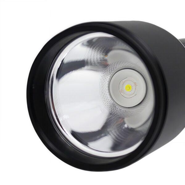 Close-up of the white front LED and reflector on the 90 lumen WK1029 flashlight.