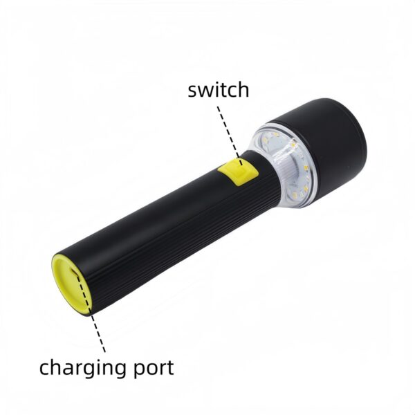 Switch and Type-C charging port on the WK1029 aluminum rechargeable flashlight.