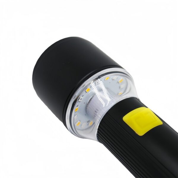 Close-up of the warm and red SMD ring side light behind the WK1029 flashlight head.