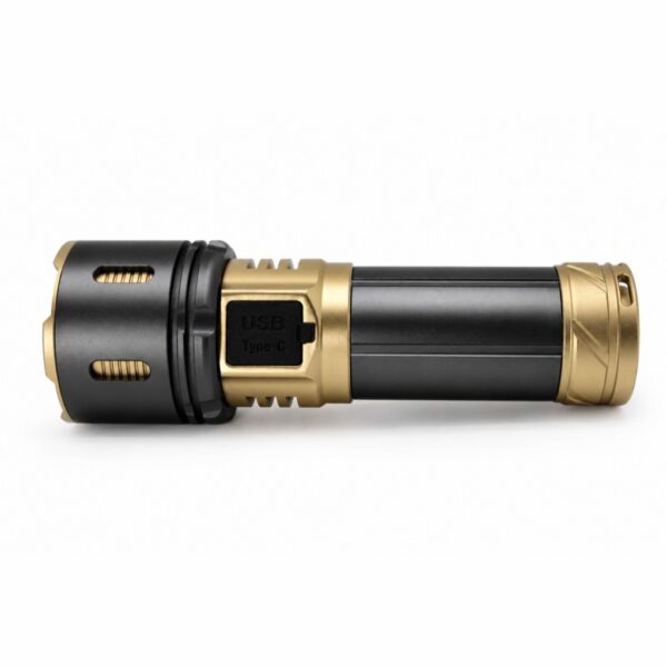 Side view of the compact WK1037 dual-beam flashlight showing its aluminum body and control panel.