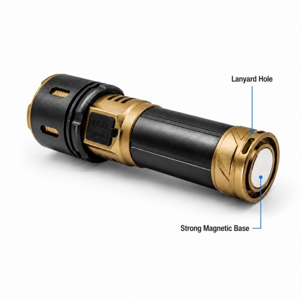Magnetic tail base and lanyard hole on the WK1037 rechargeable flashlight.