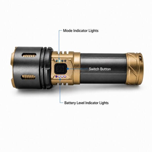 WK1037 flashlight controls with mode indicator lights and battery-level display.