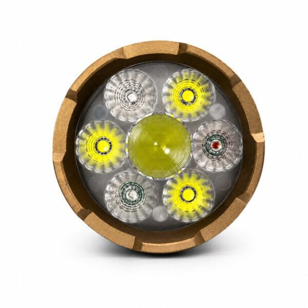 Front LED array showing the center spotlight, three flood LEDs and colored auxiliary LEDs on the WK1037 flashlight