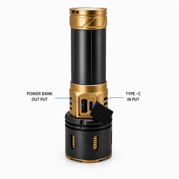 Upright WK1037 rechargeable flashlight showing its Type-C input and USB output ports.