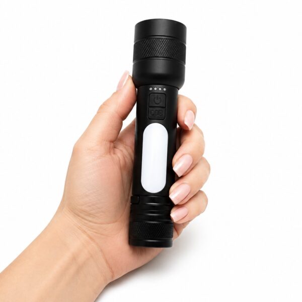 Hand holding the compact WK1038 rechargeable flashlight to show its 148 mm body size.