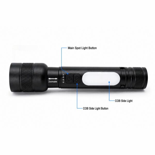 WK1038 flashlight showing separate buttons for the zoomable front LED and side SMD light.