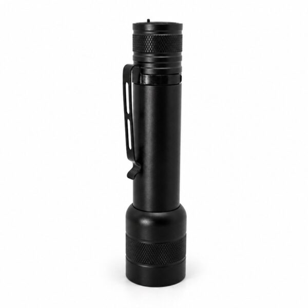 Upright WK1038 aluminum flashlight showing the integrated pocket clip and zoomable front head.