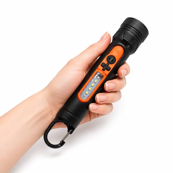 Hand holding the lightweight WK1039 carabiner flashlight to show its slim body size.