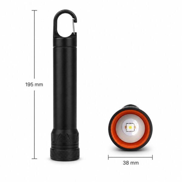 WK1039 rechargeable flashlight dimensions measuring 195 mm long and 38 mm wide.