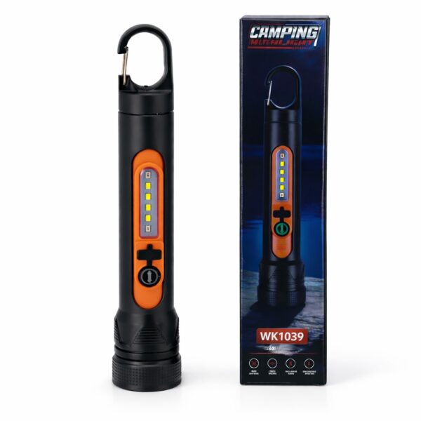WK1039 rechargeable flashlight displayed beside its retail packaging.