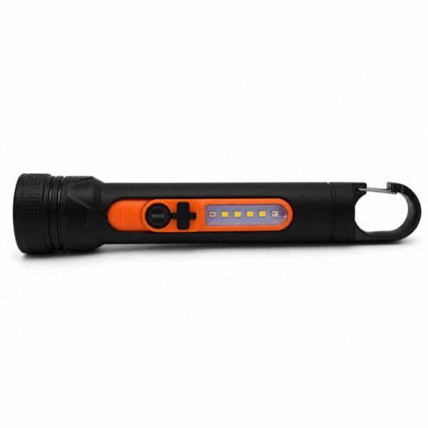 Side view of the WK1039 showing its zoomable front head, side light panel and carabiner.