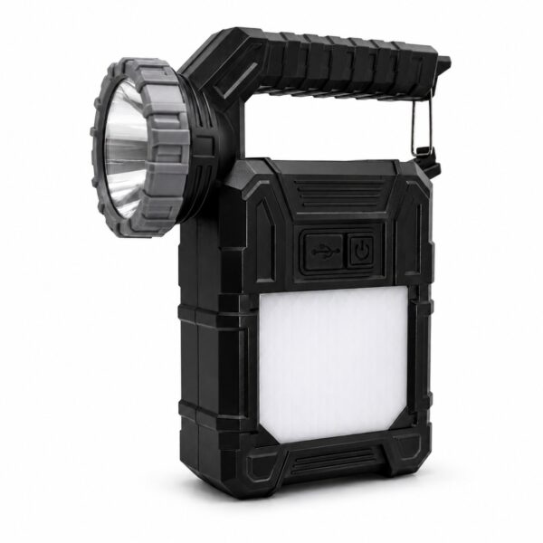 Portable solar handheld spotlight with integrated carrying handle and multi-mode side lighting panel.
