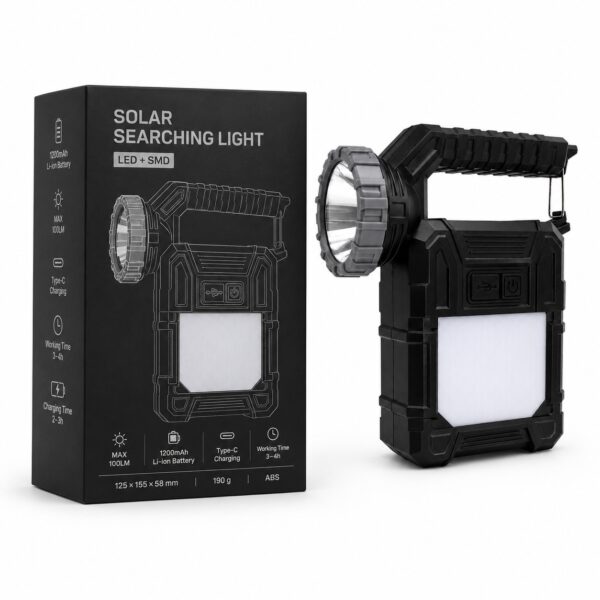 WK1041 solar rechargeable handheld spotlight displayed with its retail packaging.