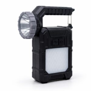 WK1041 solar rechargeable handheld spotlight with front LED beam, side light panel and carrying handle.