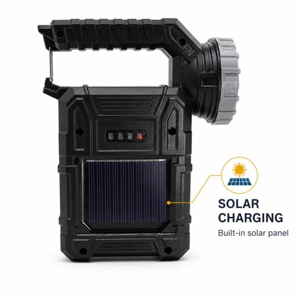Rear view of the WK1041 spotlight showing the built-in solar panel and battery indicator.